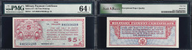 Military Payment Certificate. Series 471. $5. PMG Choice Uncirculated 64 EPQ.
S816-1 First Printing. Typically found in VF or XF, this is an extremel...