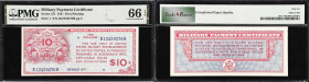Military Payment Certificate. Series 471. $10. PMG Gem Uncirculated 66 EPQ.
This is a much better early MPC issue and denomination. Bright ink colors...