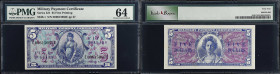 Military Payment Certificate. Series 521. $5. PMG Choice Uncirculated 64.
S846-1 First Printing. A lovely example of this most attractive MPC with ri...