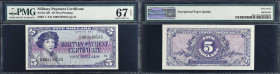 Military Payment Certificate. Series 591. $5. PMG Superb Gem Uncirculated 67 EPQ.
S866-1 First Printing. The finest example of this Series 591 $5 gra...