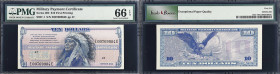 Military Payment Certificate. Series 692. $10. PMG Gem Uncirculated 66 EPQ.
S937-1 First Printing. The striking portrait of a Native American dominat...