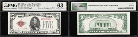 Lot of (2). Fr. 1525 & 1526. 1928-28A $5 Legal Tender Note. PMG Choice Uncirculated 63 & 64. Reverse Changeover Pair.
The lead note is Fr. 1526 with ...