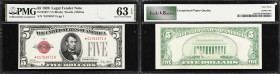 Fr. 1525*. 1928 $5 Legal Tender Star Note. PMG Choice Uncirculated 63 EPQ.
Milky white paper and ruby red overprints pop on this 1928 replacement $5....