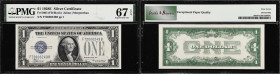 Fr. 1605. 1928E $1 Silver Certificate. PMG Superb Gem Uncirculated 67 EPQ.
While the Series 1928 "Funny Back" Silver Certificate Aces are certainly a...