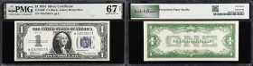 Fr. 1606*. 1934 $1 Silver Certificate Star Note. PMG Superb Gem Uncirculated 67 EPQ.
As of this writing, the finest 1934 Silver Certificate Ace repla...