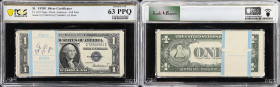 Pack of (100) Fr. 1615. 1935F $1 Silver Certificates. PCGS Banknote Choice Uncirculated 63 PPQ.
A scarce 1935F series pack, which retains the origina...
