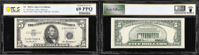 Fr. 1656. 1953A $5 Silver Certificate. PCGS Banknote Superb Gem Uncirculated 69 PPQ.
This lofty piece is Top Pop on PCGS Banknote's census for the ca...