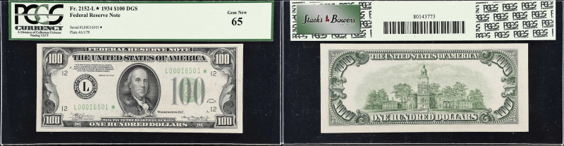 Fr. 2152-L*. 1934 Dark Green Seal $100 Federal Reserve Star Note. San Francisco....