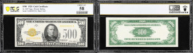 Fr. 2407. 1928 $500 Gold Certificate. PCGS Banknote Choice About Uncirculated 58.
One of the key designs for small-size collectors are these remarkab...