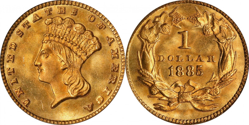 1885 Gold Dollar. MS-67 (PCGS). CAC.
Solidly in the Superb Gem category, this e...