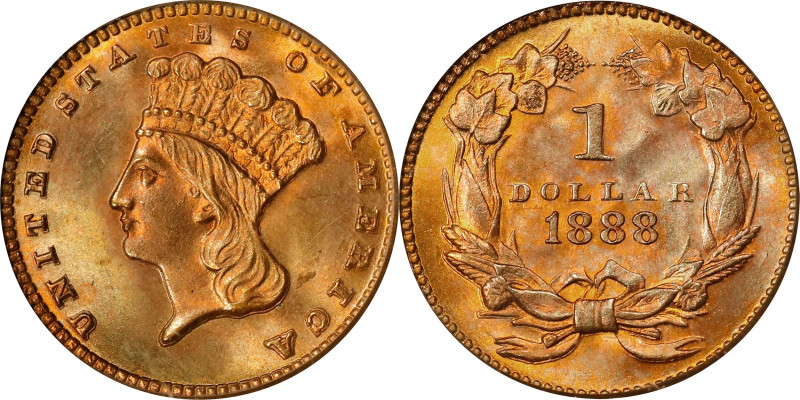 1888 Gold Dollar. MS-67 (PCGS).
Among the finer seen by PCGS of this low mintag...