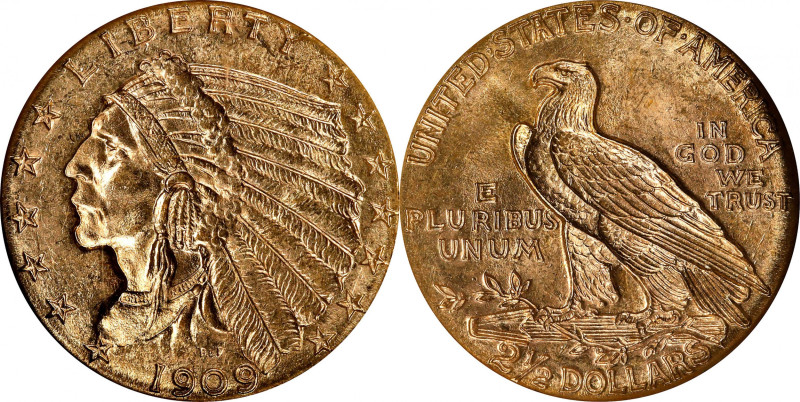 1909 Indian Quarter Eagle. MS-64 (NGC).
Bright golden surfaces are fully struck...