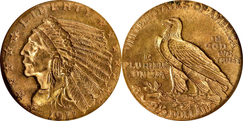 1911 Indian Quarter Eagle. MS-64 (NGC).
Lively satin luster mingles with soft m...