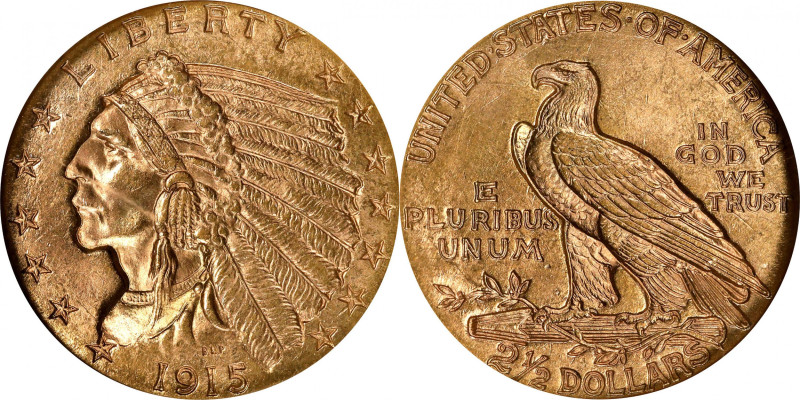 1915 Indian Quarter Eagle. MS-64 (NGC). CAC.
Satiny rose-gold surfaces with a s...