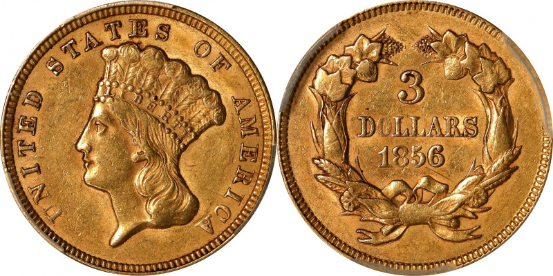 1856 Three-Dollar Gold Piece. AU-55 (PCGS).
This boldly struck and satiny examp...