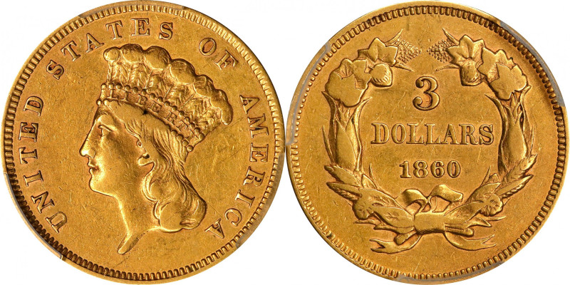 1860 Three-Dollar Gold Piece. EF-45 (PCGS).
Traces if mint luster persist in th...