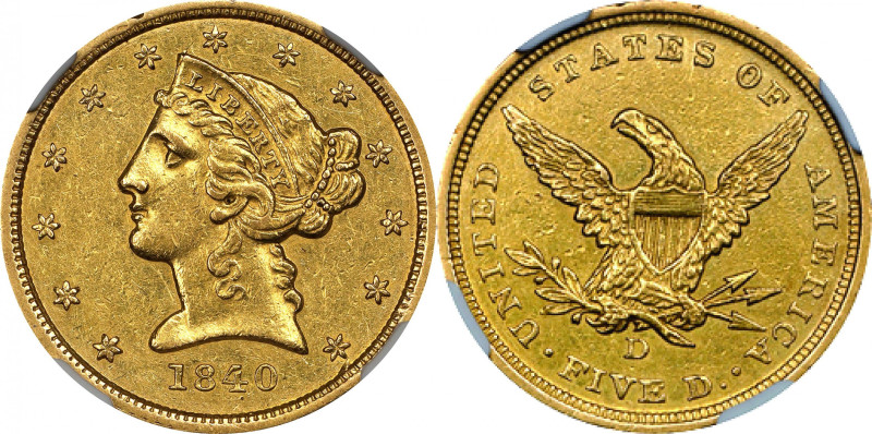 1840-D Liberty Head Half Eagle. Winter 3-B. Tall D. AU Details--Cleaned (NGC).
...