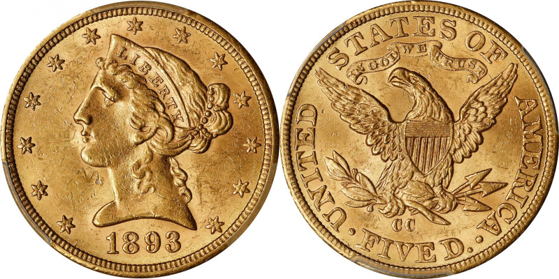 1893-CC Liberty Head Half Eagle. Winter 1-A. MS-62 (PCGS).
Lovely golden-aprico...