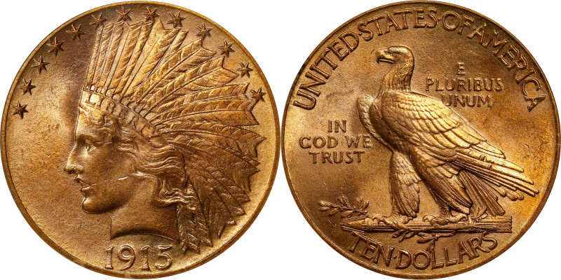 1915 Indian Eagle. MS-63 (PCGS). CAC. OGH.
Frosty rose-orange surfaces are full...