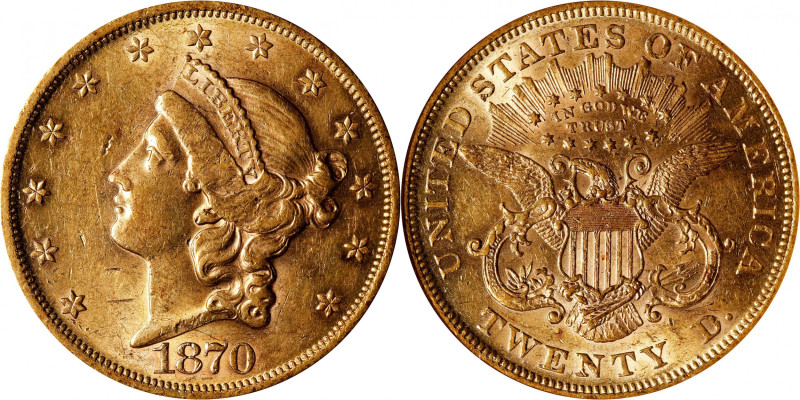 1870 Liberty Head Double Eagle. AU-58 (NGC). OH.
This vivid rose-gold example i...