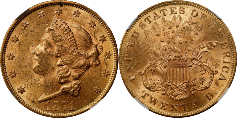 1874 Liberty Head Double Eagle. MS-61 (NGC).
A boldly struck, lustrous, rose-go...