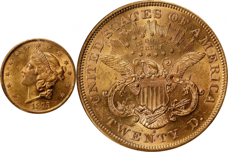 1875-S Liberty Head Double Eagle. MS-61 (NGC).
Sharply struck in the centers wi...