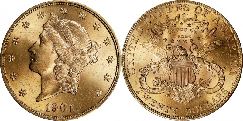 1901 Liberty Head Double Eagle. MS-64+ (PCGS). CAC.
A fully lustrous, satin to ...