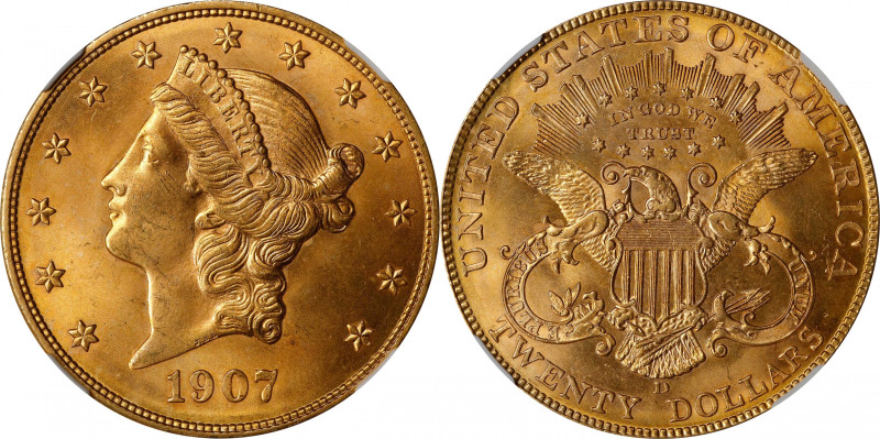 1907-D Liberty Head Double Eagle. MS-65+ (NGC).
A captivating premium Gem Mint ...