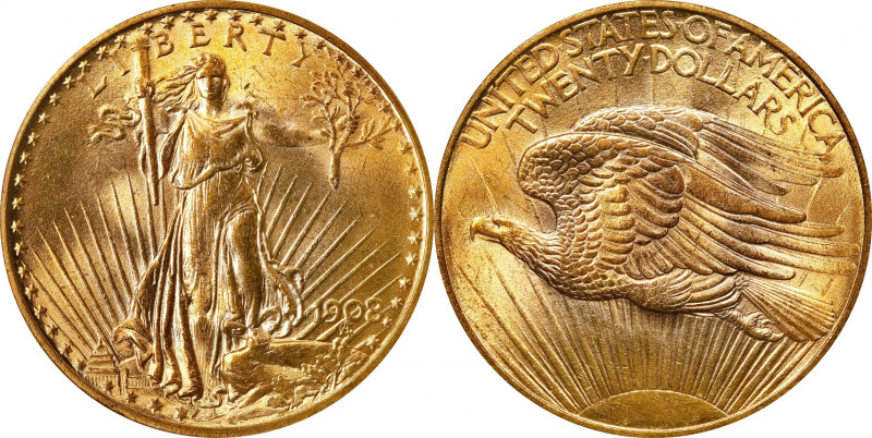 1908 Saint-Gaudens Double Eagle. No Motto. MS-64 (PCGS). CAC.
Highly lustrous a...