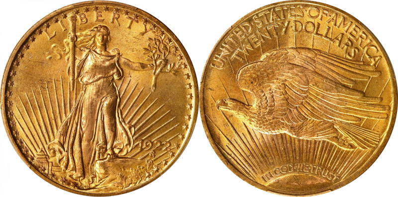 1922 Saint-Gaudens Double Eagle. MS-65+ (PCGS).
Lustrous honey-rose surfaces ex...