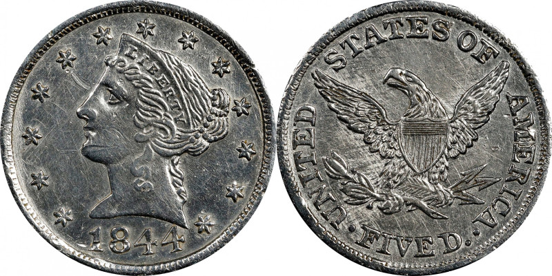 Contemporary Counterfeit 1844 Liberty Head Half Eagle. Platinum. About Uncircula...