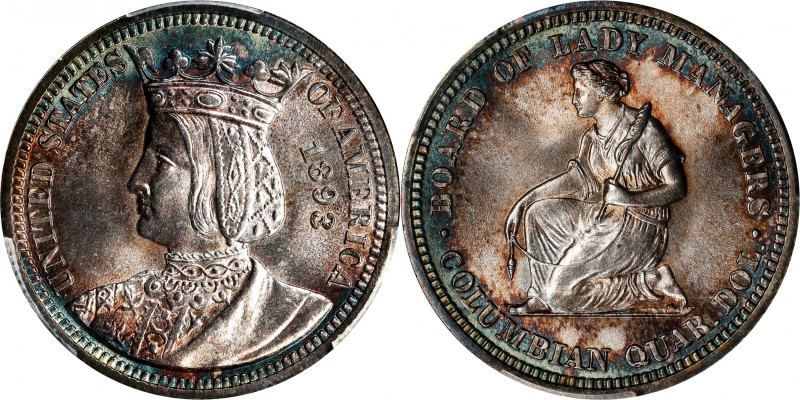 1893 Isabella Quarter. MS-66 (PCGS).
Vivid cobalt blue and reddish-russet perip...