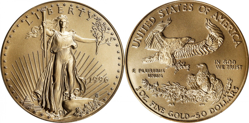 1996 One-Ounce Gold Eagle. MS-70 (PCGS).
As struck and beautiful with a soft ma...