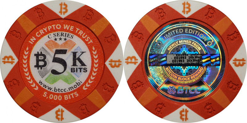 2017 BTCC 5K Bits "Poker Chip" 0.005 Bitcoin. Loaded. Firstbits 1Kk3huJj. Serial...