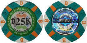 2016 BTCC 25K Bits "Poker Chip" 0.025 Bitcoin. Loaded. Firstbits 1XFyL8RKu. Serial No. C01483. Series C. Clay Composite. MS-69 (PCGS).
Loaded with 0....
