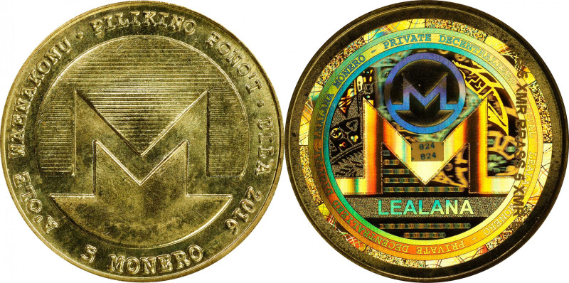 2016 Lealana 5 Monero (XMR). Loaded. Serial No. 824. Blue Address. Brass. MS-68 ...