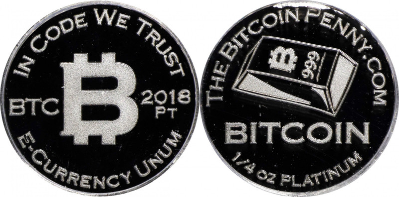 2018 Bitcoin Penny Bitcoin-Themed Platinum Token. 1/4oz .999 Fine Platinum. Proo...