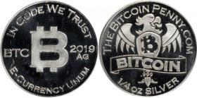 2019-AG Bitcoin Penny Co. Bitcoin-Themed Token. Eagle Right. 1/4oz .999 Fine Silver. MS-67 PL (ICG).
Unfunded and non-loaded. A beautiful and scarce ...