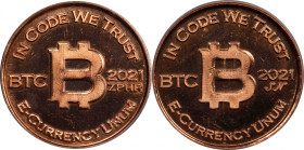 2021-SN/ZPHR Bitcoin Penny Co. Bitcoin-Themed Token. Double Obverse Pattern Mule. Copper. MS-64 PL (ICG).
Unfunded and non-loaded. An incredible rari...