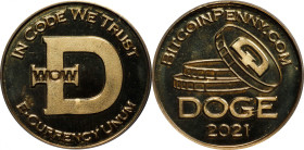 2021 Bitcoin Penny Co. Dogecoin-Themed Token. Brass. MS-65 PL (ICG).
Unfunded and non-loaded. A beautiful piece with deeply prooflike surfaces and bo...