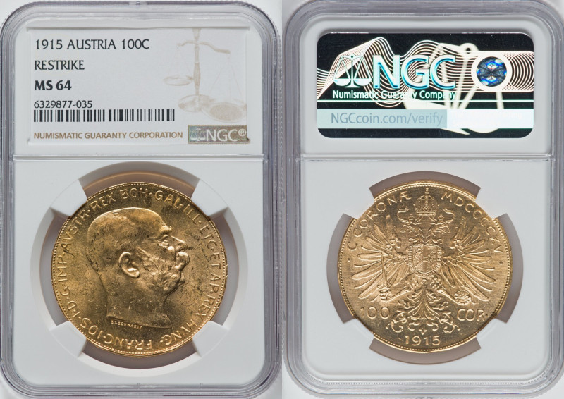 Franz Joseph I gold Restrike 100 Corona 1915 MS64 NGC, Vienna mint, KM2819, Fr-5...