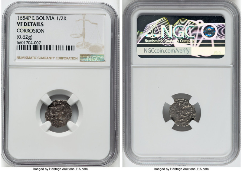 Philip IV Cob 1/2 Real 1654 P-E VF Details (Corrosion) NGC, Potosi mint, KM13, C...