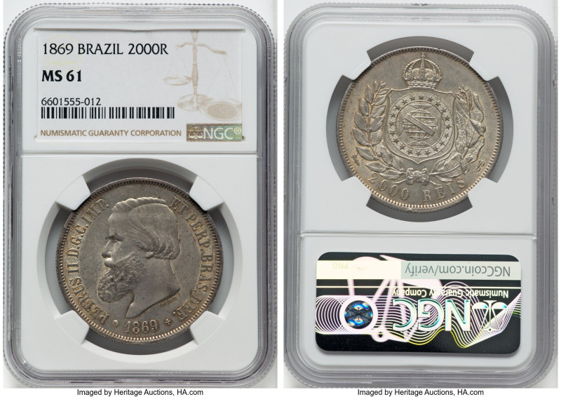 Pedro II 3-Piece Lot of Certified 2000 Reis NGC, 1) 2000 Reis 1869 - MS61, KM475...