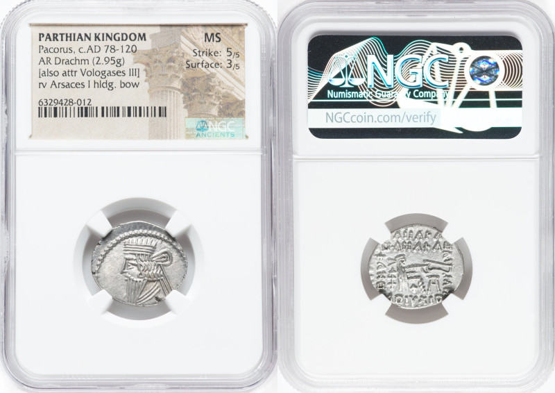 PARTHIAN KINGDOM. Pacorus I (ca. AD 78-120). AR drachm (20mmm, 2.95 gm, 12h). NG...