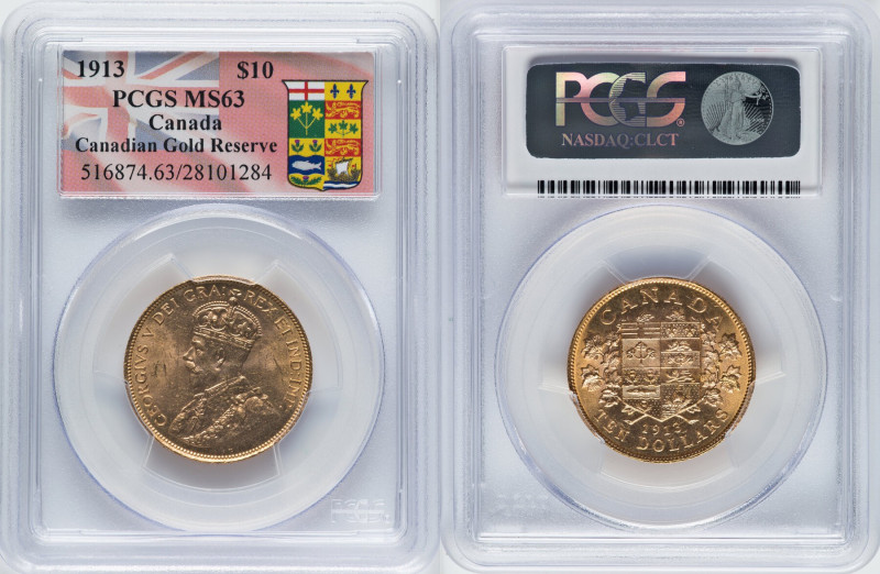 George V gold 10 Dollars 1913 MS63 PCGS, Ottawa mint, KM27, Fr-3. Canadian Gold ...