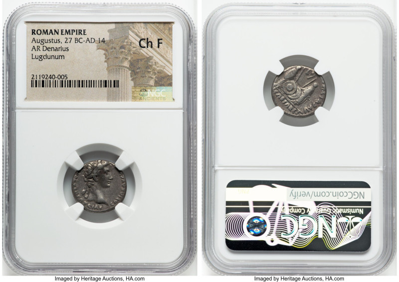 Augustus (27 BC-AD 14). AR denarius (17mm, 8h). NGC Choice Fine. Lugdunum, 2 BC-...