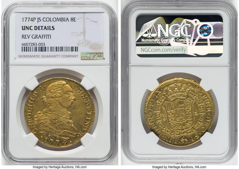 Charles III gold 8 Escudos 1774 P-JS UNC Details (Reverse Graffiti) NGC, Potosi ...