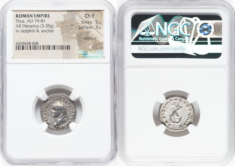 Titus, as Augustus (AD 79-81). AR denarius (18mm, 3.35 gm, 1h). NGC Choice Fine ...