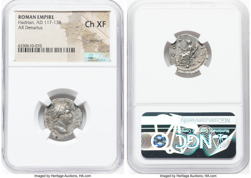 Hadrian (AD 117-138). AR denarius (20mm, 6h). NGC Choice XF, brushed. Rome, AD 1...