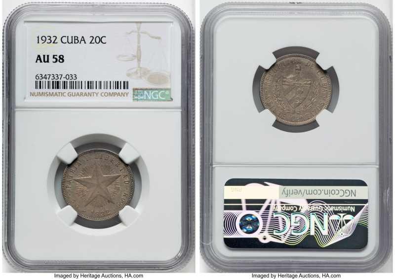 Republic 20 Centavos 1932 AU58 NGC, Philadelphia mint, KM13.2. HID09801242017 © ...